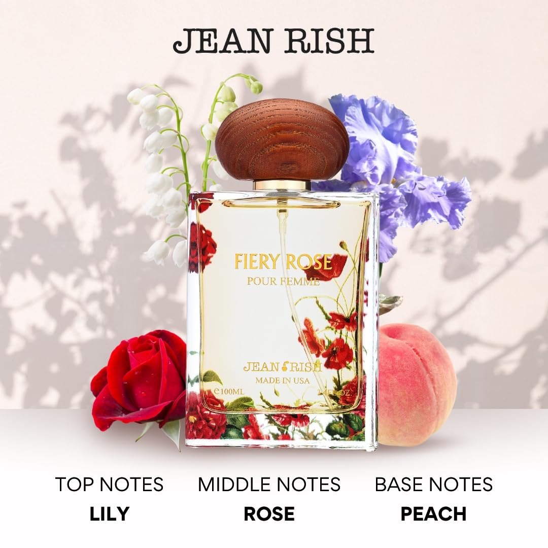 Jean Rish Fiery Rose Perfume for Women Eau De Parfum, Long-Lasting Luxury Fragrance, Made In USA - Rose, Peony, Peach, Musk, Sandalwood Scent - 100ml Beauty & Personal Care Jean Rish