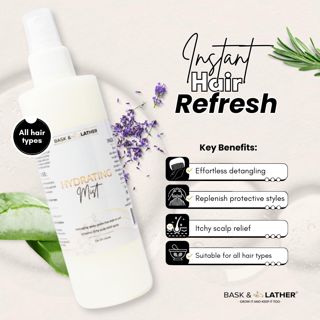 BASK & LATHER Hydrating Hair Mist, Leave-In Conditioner, Itchy Scalp Relief, Detangler, Curl Definer, Aloe Vera, Avocado Oil, For All Hair Types, 8 oz Beauty and Personal Care BASK & LATHER
