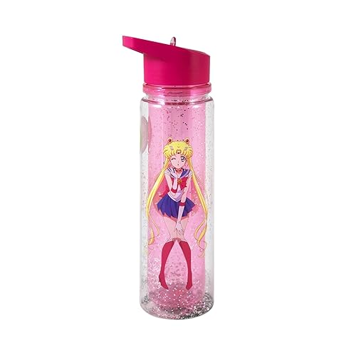 JUST FUNKY Sailor Moon Crystal Double-Walled Water Bottle | 18 oz Plastic Travel Beverage Container | Includes Glitter Wall | Home Deco | Anime Water