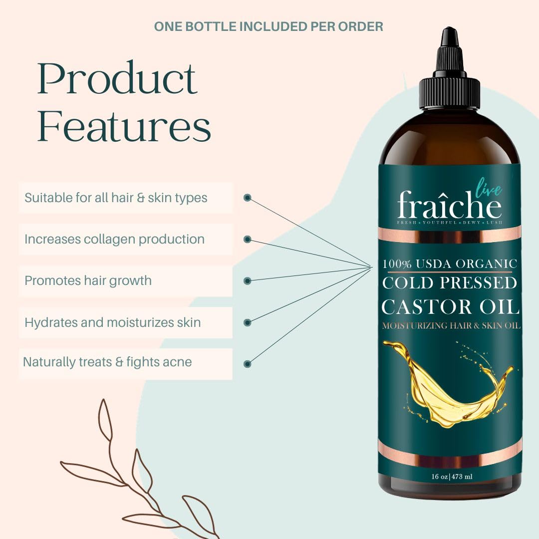 Organic Castor Oil (16oz) - Pure Castor Oil Organic Hexane Free Cold Pressed Unrefined Bottle - Natural Hair Growth Oil for Moisturizing & Healing Dry