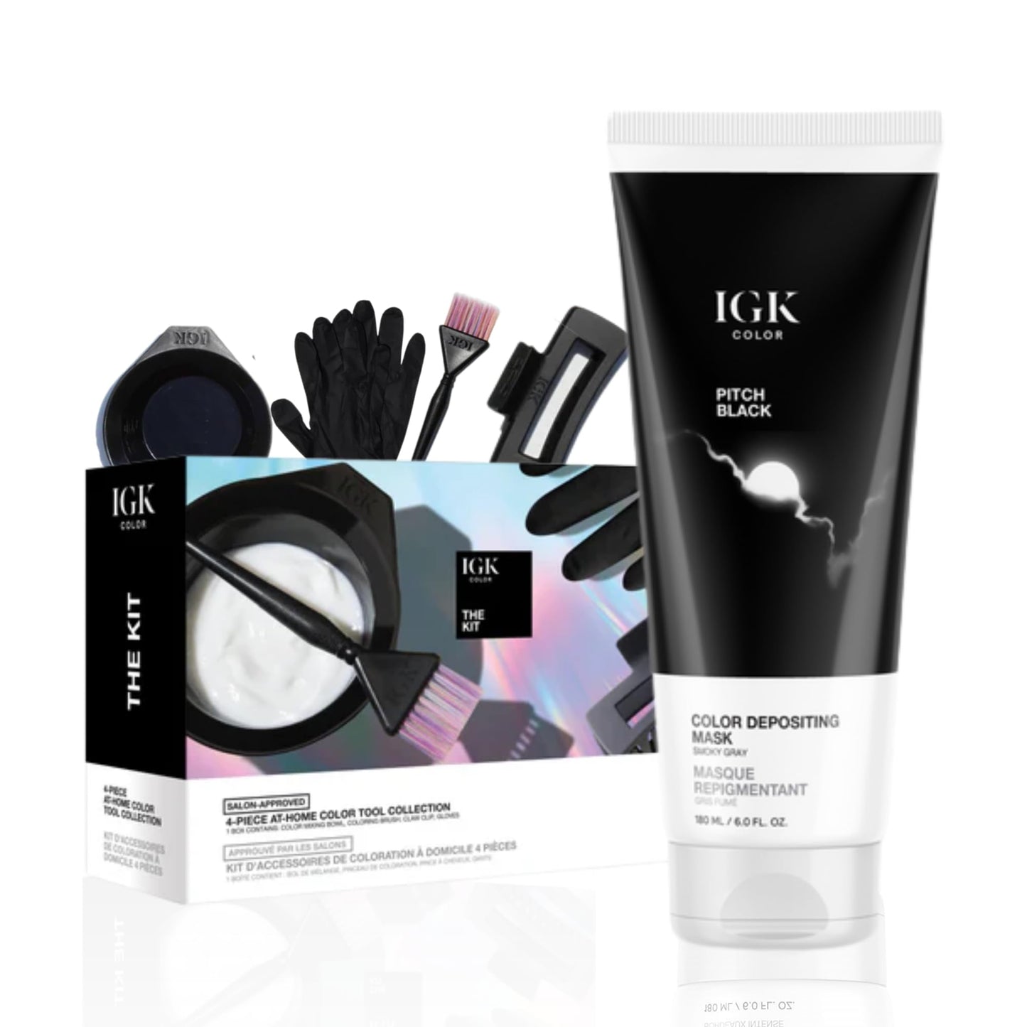 IGK Pitch Black | Smoky Gray Hair Gloss + Color Depositing Kit | Boost Shine, Enhance Cool Gray Tones, Refresh Color | Semi Permanent At-Home