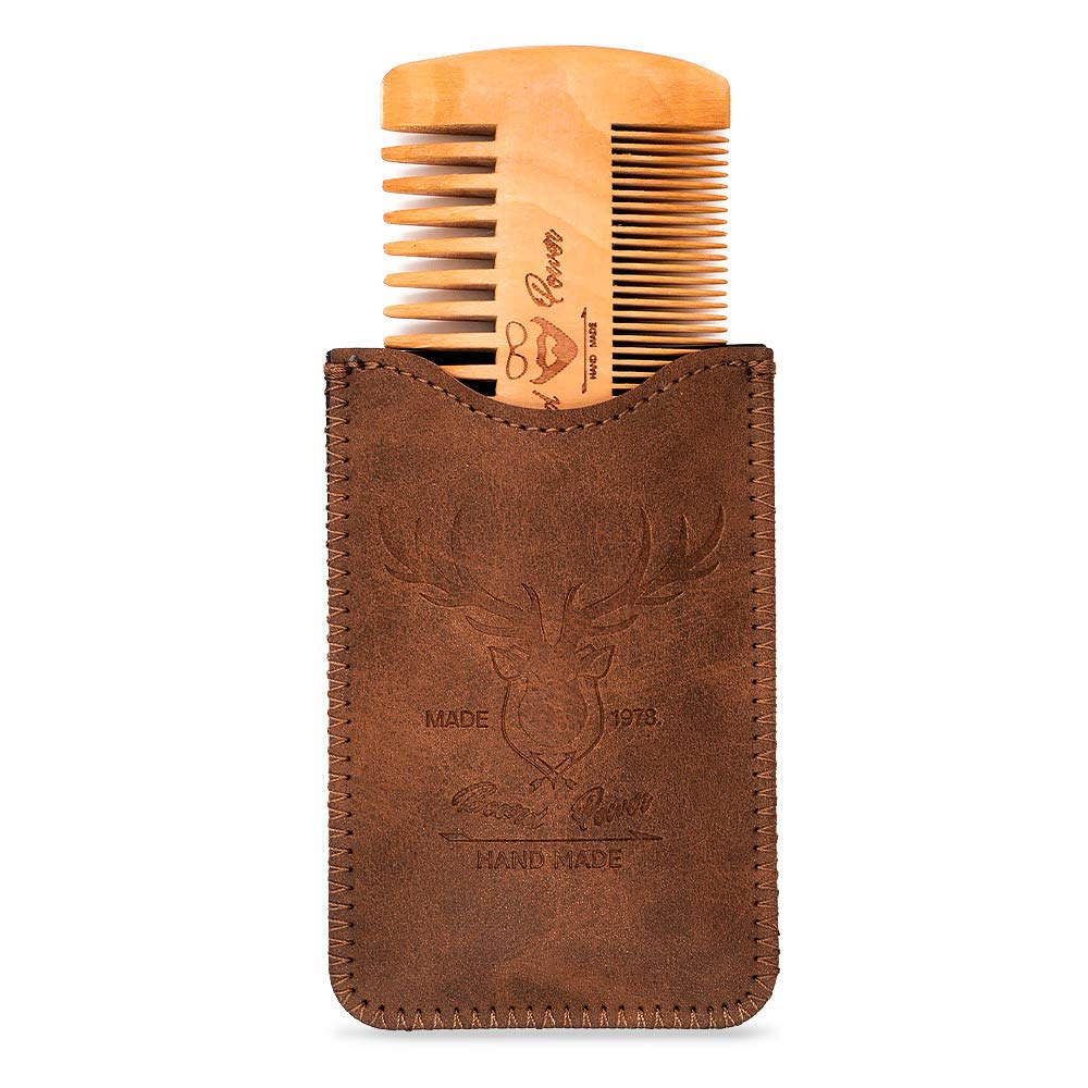 Menesia Wooden Comb with Durable Case - Fine & Coarse Teeth, Pocket Comb for Beards, Mustaches & Hair, Brown Deer Design