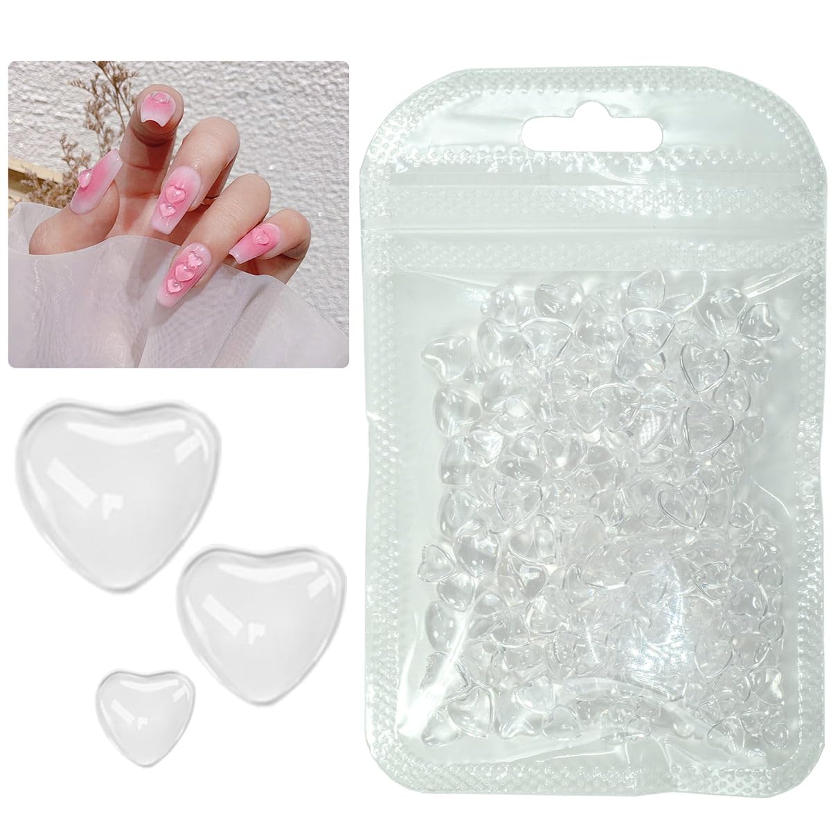 qiipii 300pcs Transparent Heart Nail Charms, 3 Sizes Mixed Size 3D Clear Cute Love Hearts Rhinestones Flatback Resin Crystals Diamonds Nail Art