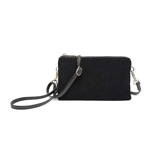 JEN & CO. Riley Corduroy Small Crossbody Bags Vegan Leather Wristlet Wallets Clutch Purses Shoulder Handbag for Women, Black