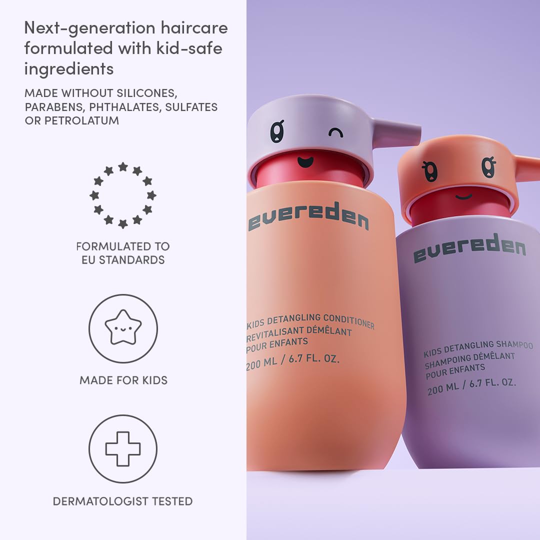 Evereden Kids Mini Haircare Set: Travel Size Hair Detangling Shampoo 1fl.oz & Conditioner 1fl.oz for Children Ages 3+, Plant Protein Peptides & Argan