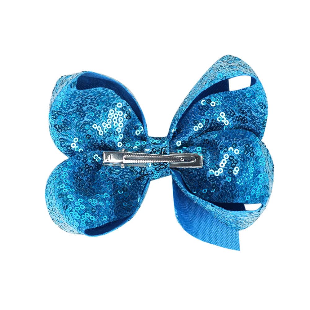 AMYDECOR 6 Inch Blue Sparkly Glitter Sequin Hair Bows for Girls Toddlers Kids Children Teenage (2PCS)