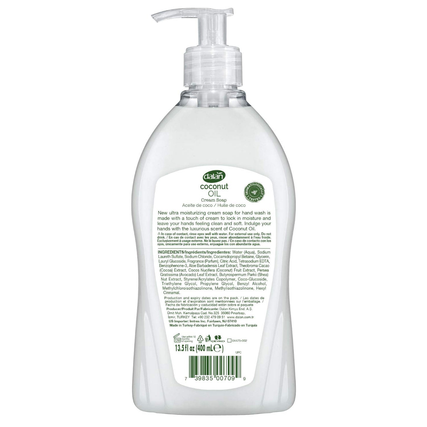 Dalan Coconut Oil Cream Ultra Moisturizing Liquid Hand Soap for Normal and Dry Hands Fresh Clean and Soft Feeling (13.5 Fl Oz / 400 mL (Pack of 1))