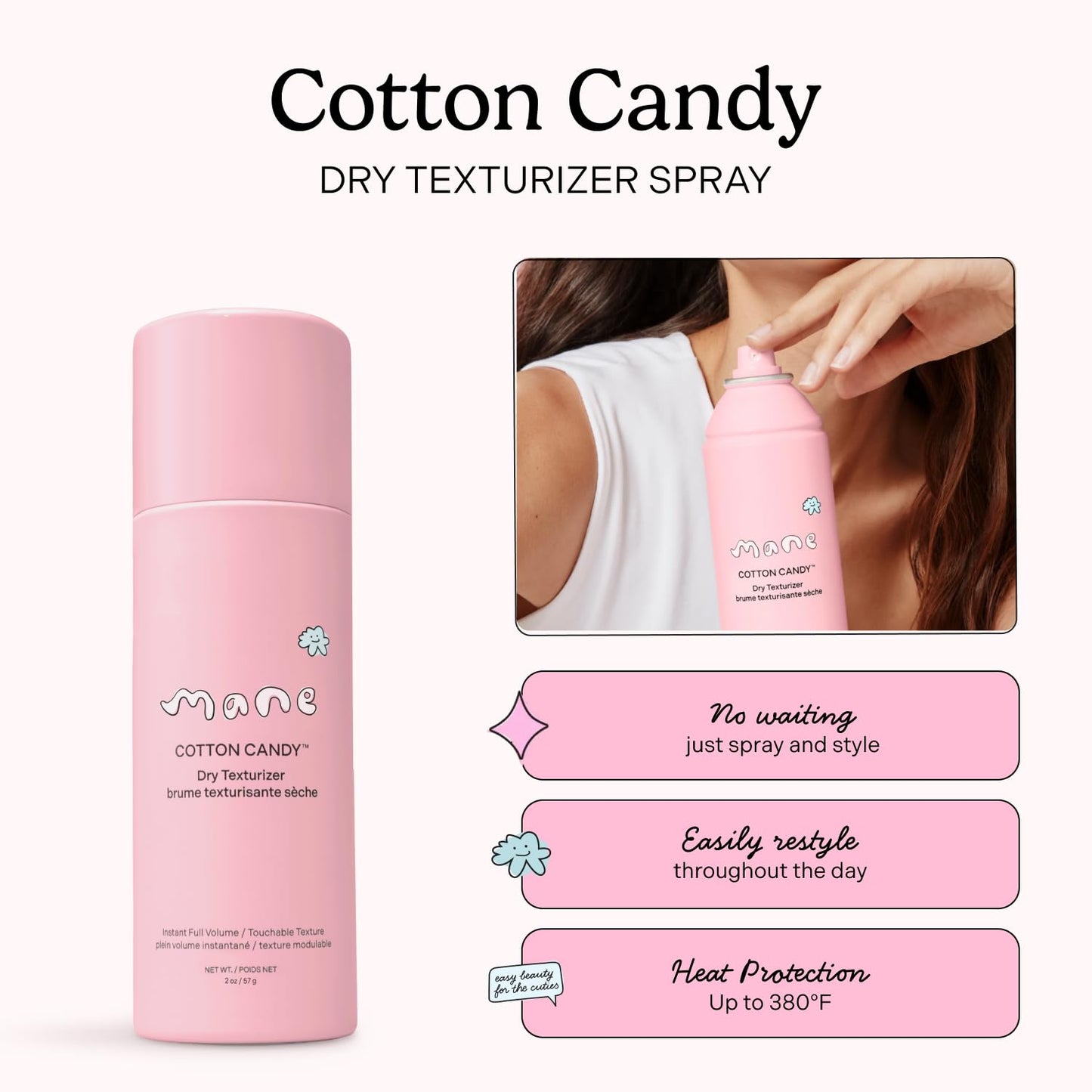 Mane Cotton Candy Travel Size Dry Texture Spray - Volumizing Spray for Fine Hair - Lightweight Hair Styling Spray with Root Lift & Soft Tousled