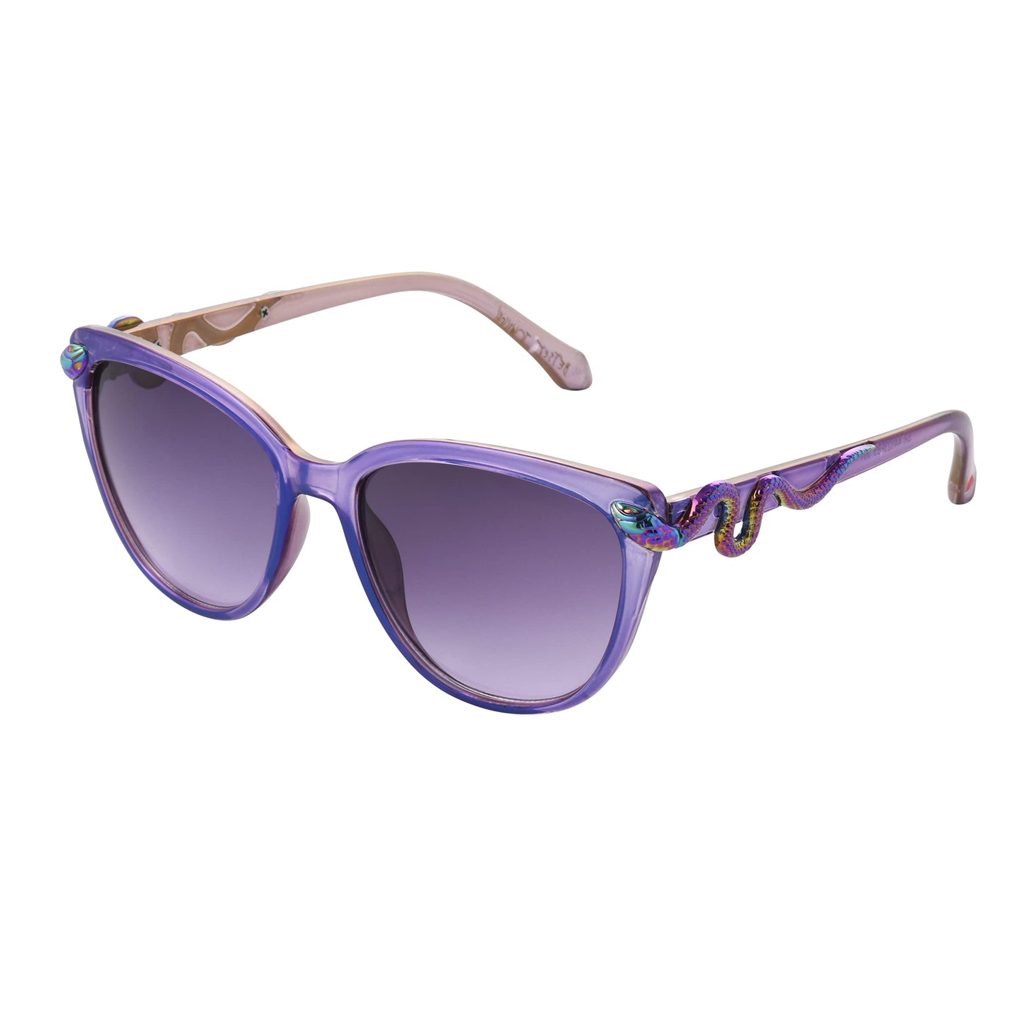 Betsey Johnson Women's Serpentine Cat Eye Sunglasses, Purple Crystal with Oil Slick Snakes, 56mm