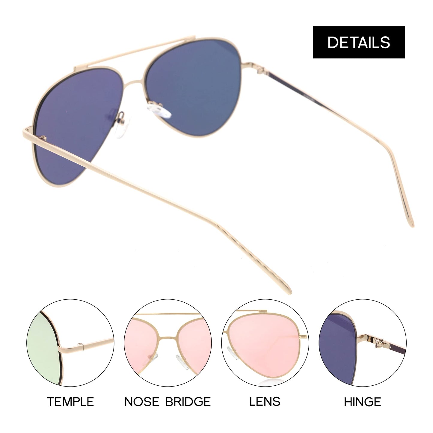 zeroUV Mirrored Oversized Aviator Sunglasses for Women and Men, Metal Frame with UV400 with Large Flat Mirror Lens 58mm (Gold/Pink Mirror)