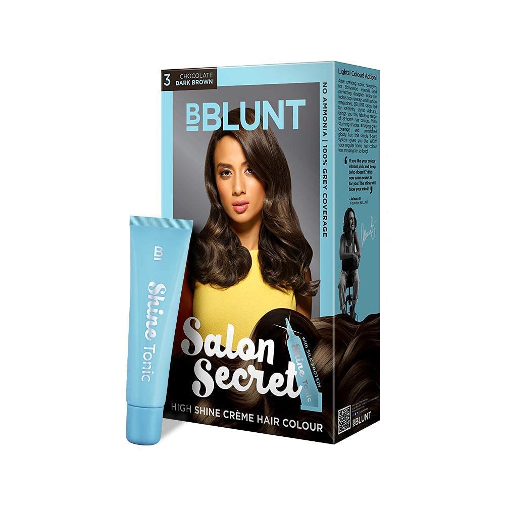 SPEC BBLUNT Salon Secret High Shine Creme Hair Colour, Chocolate Dark Brown 3, 100g with Shine Tonic, 8ml, No Ammonia