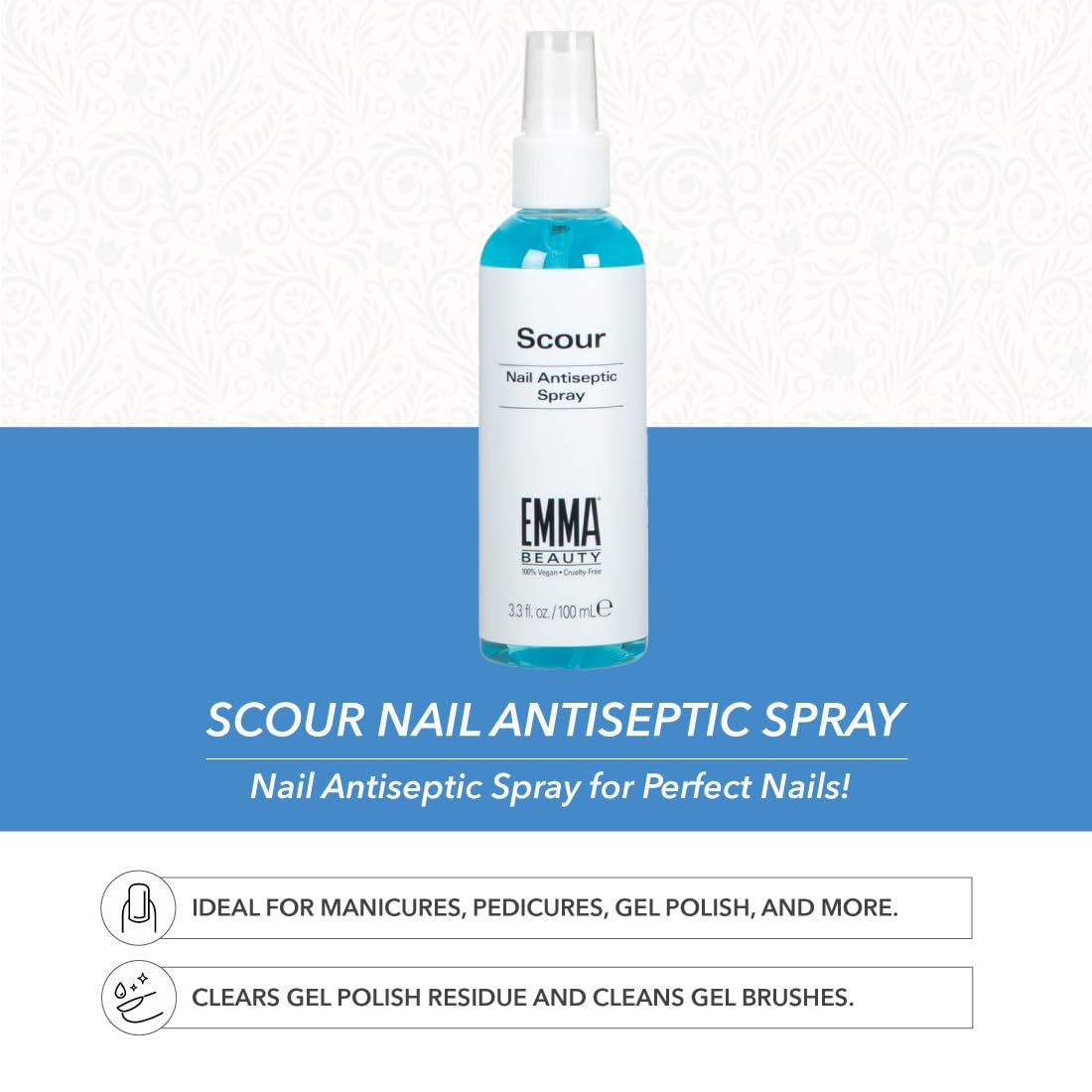 EMMA Beauty Scour Nail Antiseptic Spray, Nail Surface Cleanser and Cleaning Solution, 12+ Free Formula, 100% Vegan & Cruelty-Free, 3.3 oz. Beauty & Personal Care EMMA Beauty