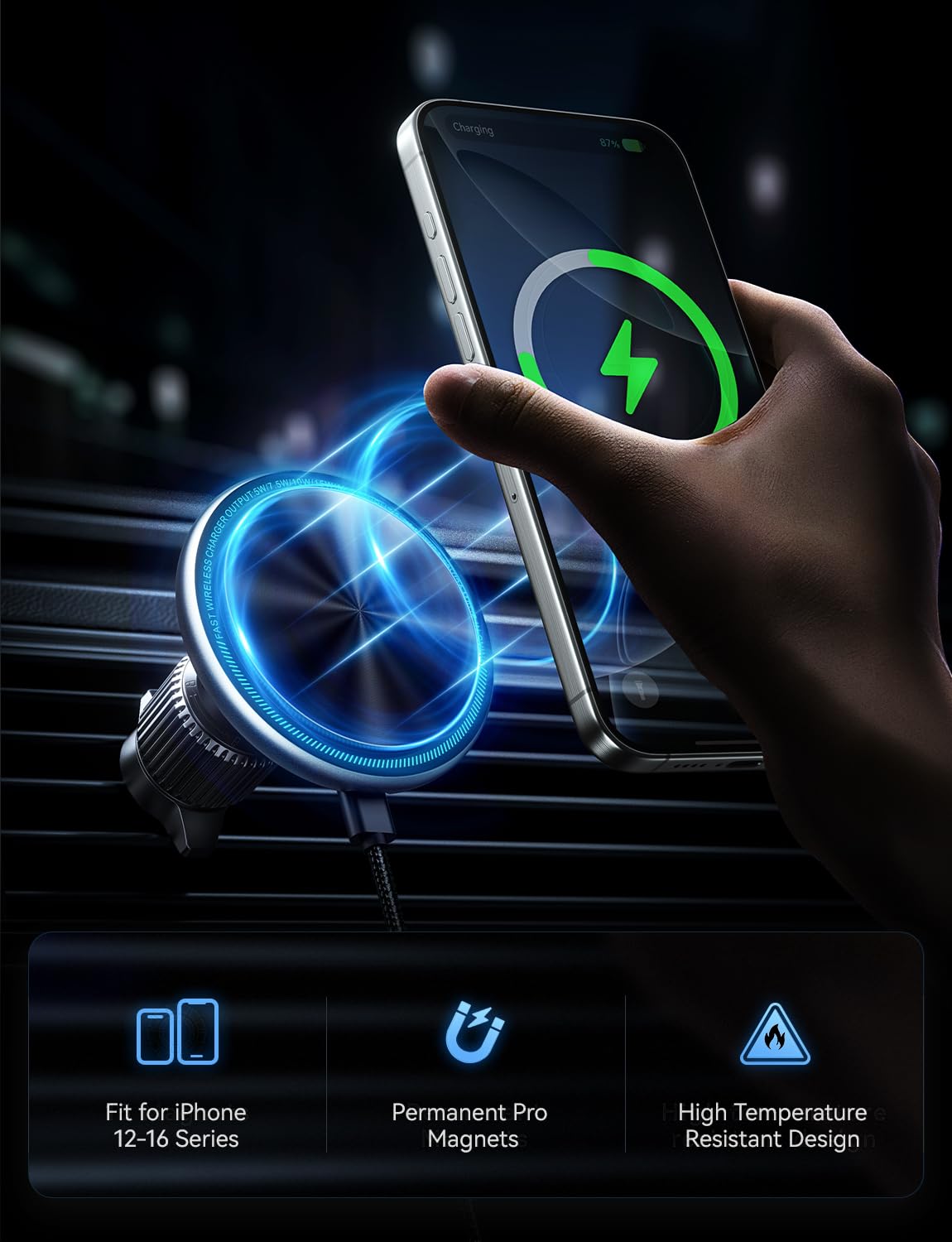 UPTOHIGH for 15W Magsafe Car Mount Charger, [Vibrant LED Decoration] Wireless Car Charger, Magnetic Phone Holder Mount for Air Vent, Phone Holders…