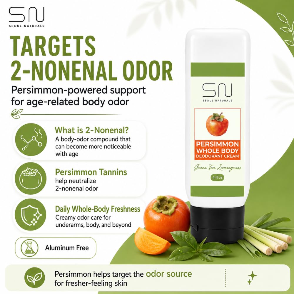 Seoul Naturals Persimmon Whole Body Deodorant Cream 2 Pack, Green Tea Lemongrass Scented, Eliminates Nonenal Odors, k beauty inspired, 8fl oz, 2 x 4fl Beauty and Personal Care Seoul Naturals