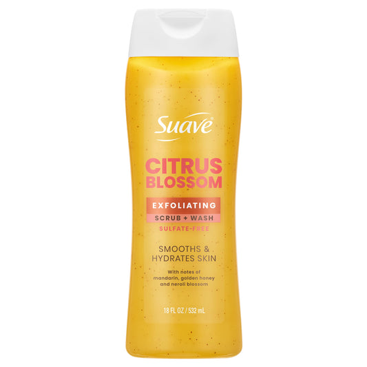 Suave Citrus Blossom Exfoliating Body Wash & Scrub with Glycerin & Vitamin E, Sulfate-Free Hydrating Cleanser for Soft, Smooth Skin, 18 FL OZ