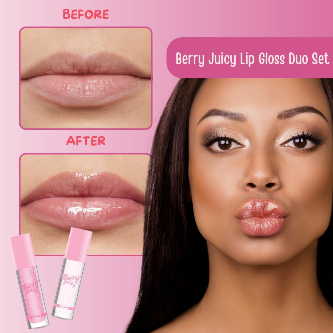 RUDE Cosmetics Berry Juicy Lip Gloss Duo, High Shine Lip Glosses Set, Moisturizing & Hydrating Lipgloss, Ideal for Day & Night Makeup Looks, Pure &