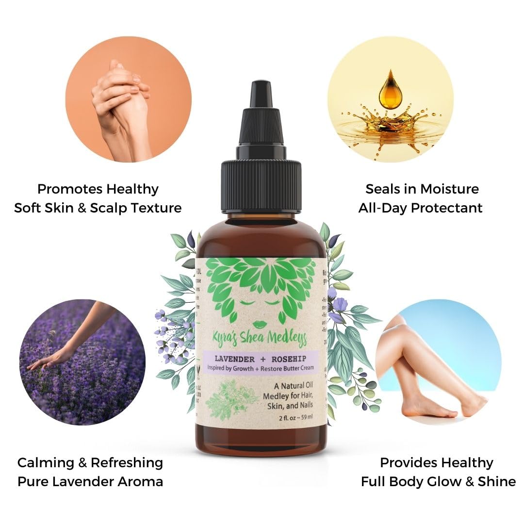 Multiuse Lavender + Rosehip Oil Medley for Face, Body, and Hair - Natural Rosehip Oil, Lavender Essential Oil, and Vitamin E - Seals in Moisture