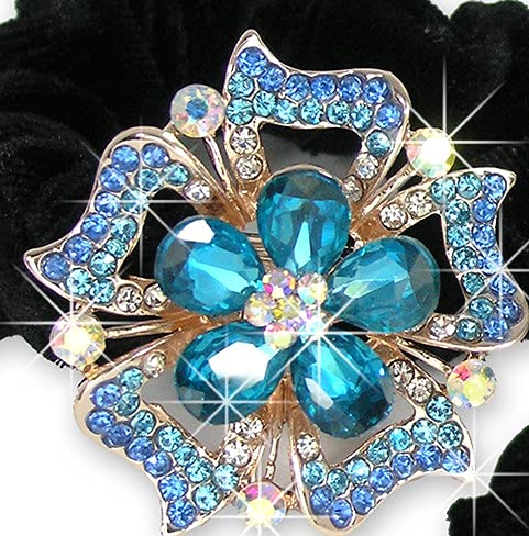 Jeweled Flower Elastic Hair Tie Scrunchie - Set of 2 - White Gold Color Metal with Decorative Blue and Pink Rhinestone Crystals - 1.75"W