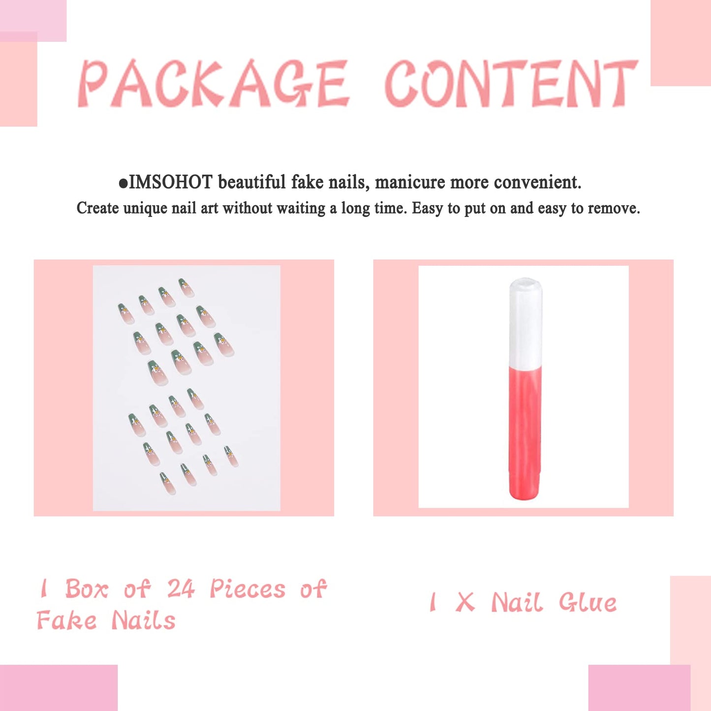 IMSOHOT Glossy Flower Press on Nails Medium Length Green Coffin Fake Nails French Cute False Nails Ballerina Glue on Nails for Women and Girls
