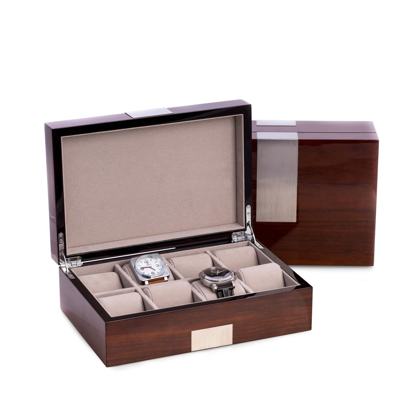 Bey-Berk Lacquered Walnut 8-Slot Watch Box, Solid Wood Watch Display Case with Stainless Steel Accents, Soft Velour Lining and Magnetic Closure…