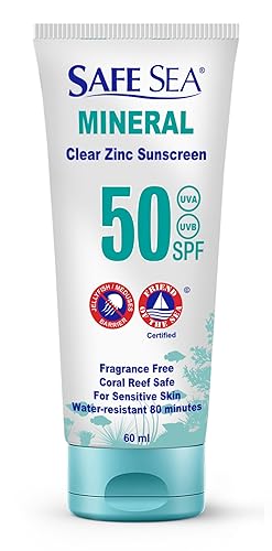 Safe Sea Zinc Oxide Sunscreen SPF50 | Clear Mineral Face Sunscreen | Anti-Jellyfish Sting Protective Lotion | Coral Reef Safe | Travel Size - 2Oz