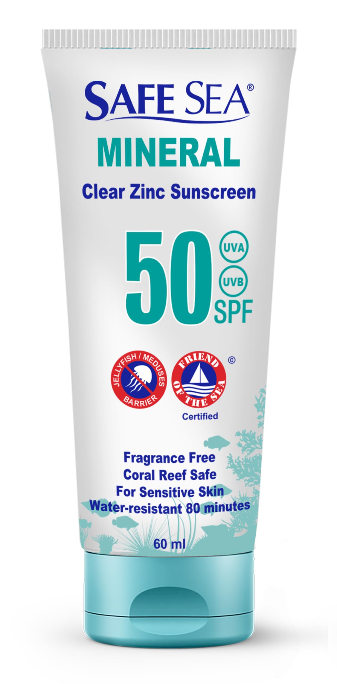 Safe Sea Zinc Oxide Sunscreen SPF50 | Clear Mineral Face Sunscreen | Anti-Jellyfish Sting Protective Lotion | Coral Reef Safe | Travel Size - 2Oz
