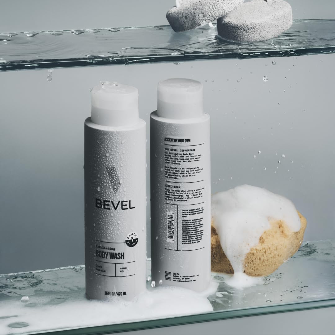 Bevel Exfoliating Body Wash for Men - Dark Cassis Scent with Charcoal and Argan Oil, 16 Oz (Packaging May Vary)