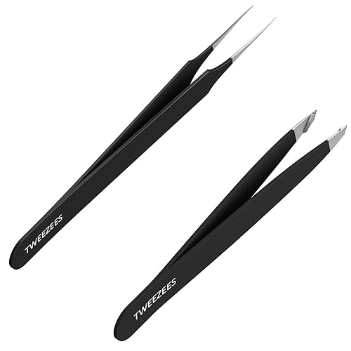 Tweezees Precision Black Stainless Steel Tweezers | Professional Slant Tip & Splinter Tip Tweezer For Eyebrows | Extra Sharp Hair Removal Tool |