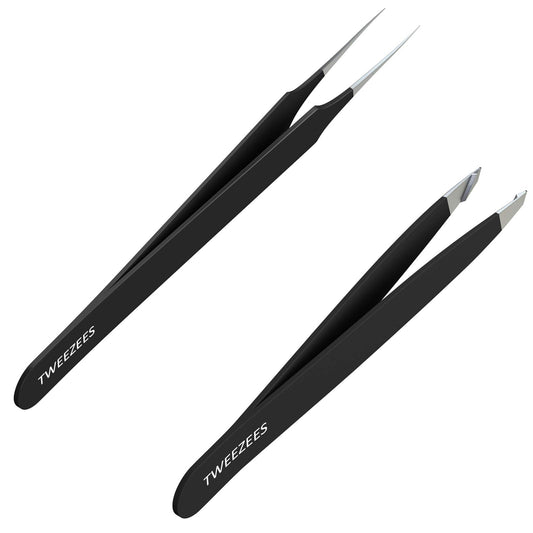 Tweezees Precision Black Stainless Steel Tweezers | Professional Slant Tip & Splinter Tip Tweezer For Eyebrows | Extra Sharp Hair Removal Tool |