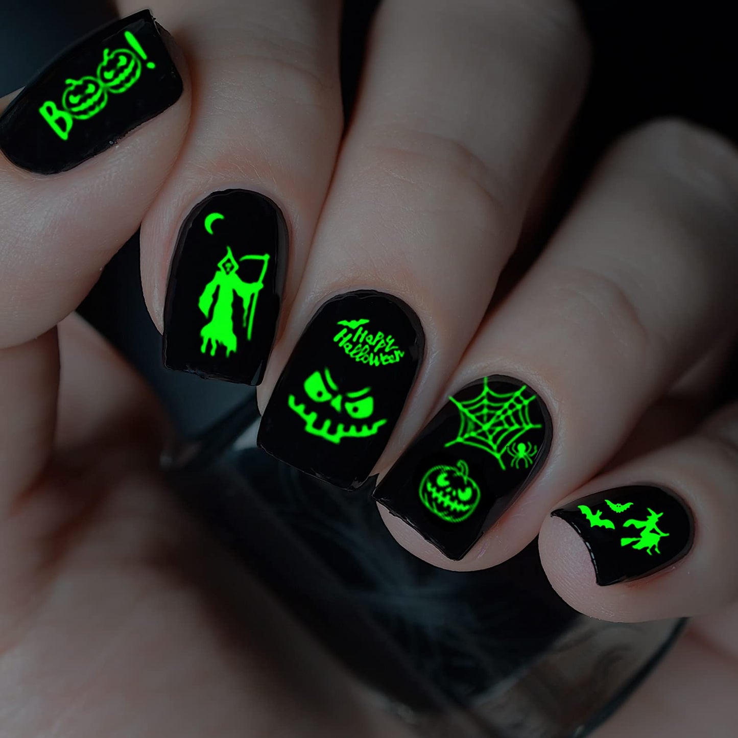 TailaiMei 9 Sheets Halloween Nail Stickers Glow in The Dark, Fluorescent Design Nail Decals, Self-Adhesive DIY Nail Art Tips for Women Manicure