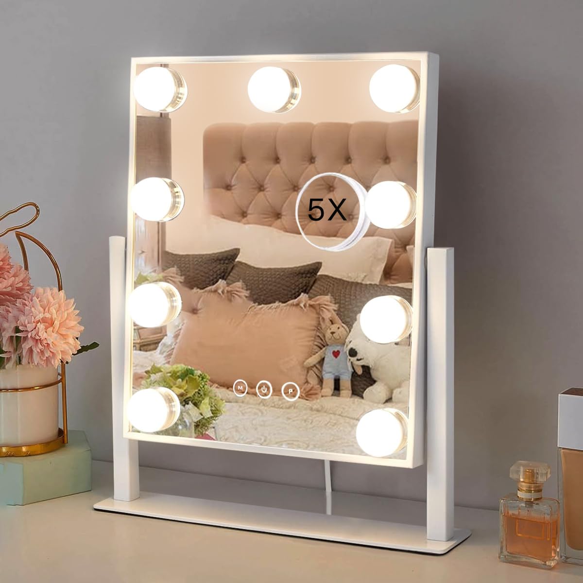 HIEEY Hollywood Vanity Mirror with Lights, Makeup 9 Dimmable Bulbs Three Color Lighting Modes, and 5X Magnification Mirror, Smart Touch Control