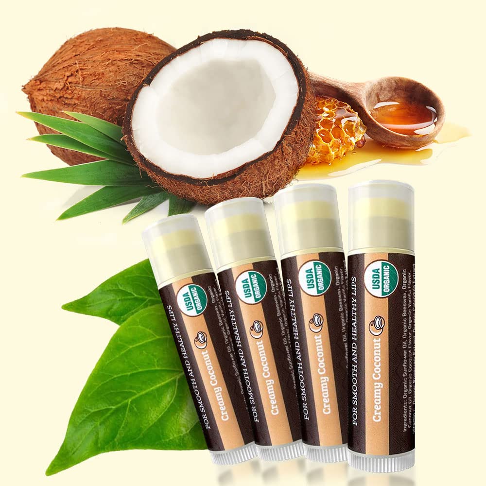 Earth's Daughter USDA Organic Lip Balm Stocking Stuffers 4-Pack Creamy Coconut Flavor - Beeswax, Coconut Oil, Vitamin E - Best Lip Repair Chapstick