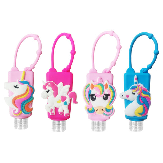 Color Land 4Pcs Unicorn Kids Empty Travel Bottles for toiletries Detachable Hand Sanitizer Holder with Silicone Case Leak Proof Travel Size Cartoon