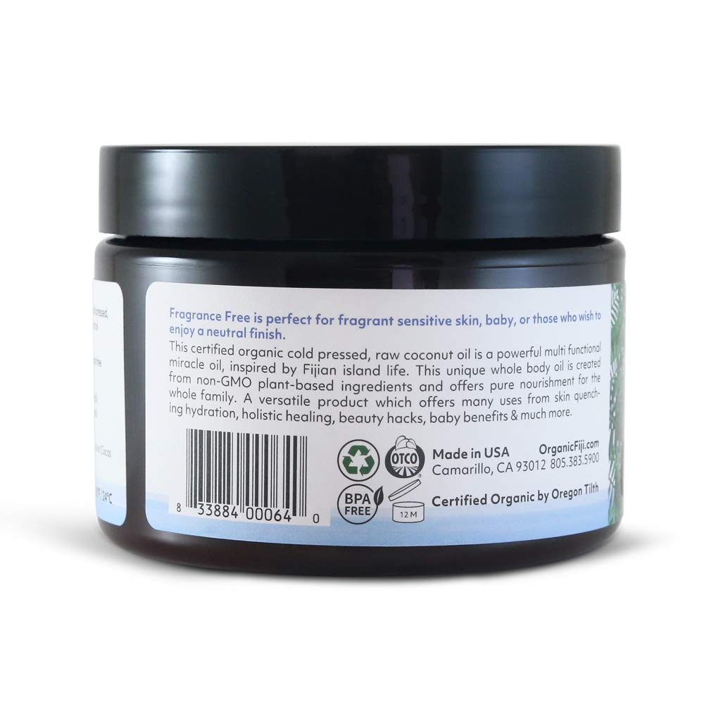 Organic Fiji Cold Pressed Coconut Oil Extra Virgin, Fragrance-Free for Hair, Skin, Face & Body Natural Moisturizer & Massage Oil for Women, Men & Baby