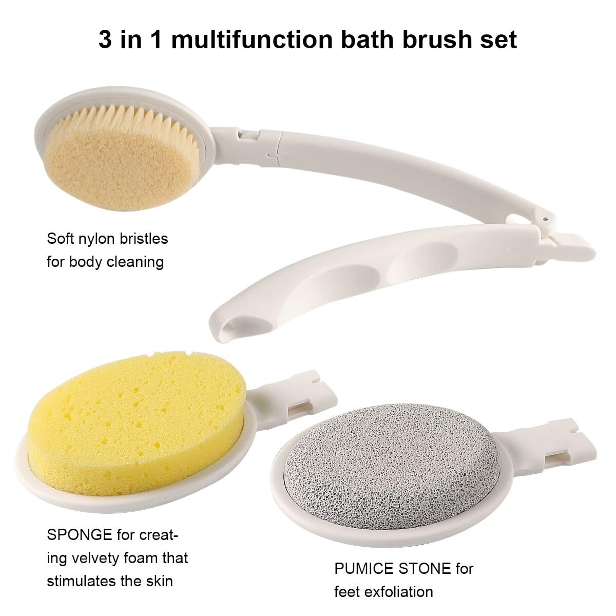 LFJ 19" Long Handle Shower Sponge Brush Set, 3 in 1 Body Brush, Bath Sponge and Lotion Applicator Improved Skin Health, Suitable for Men and Women