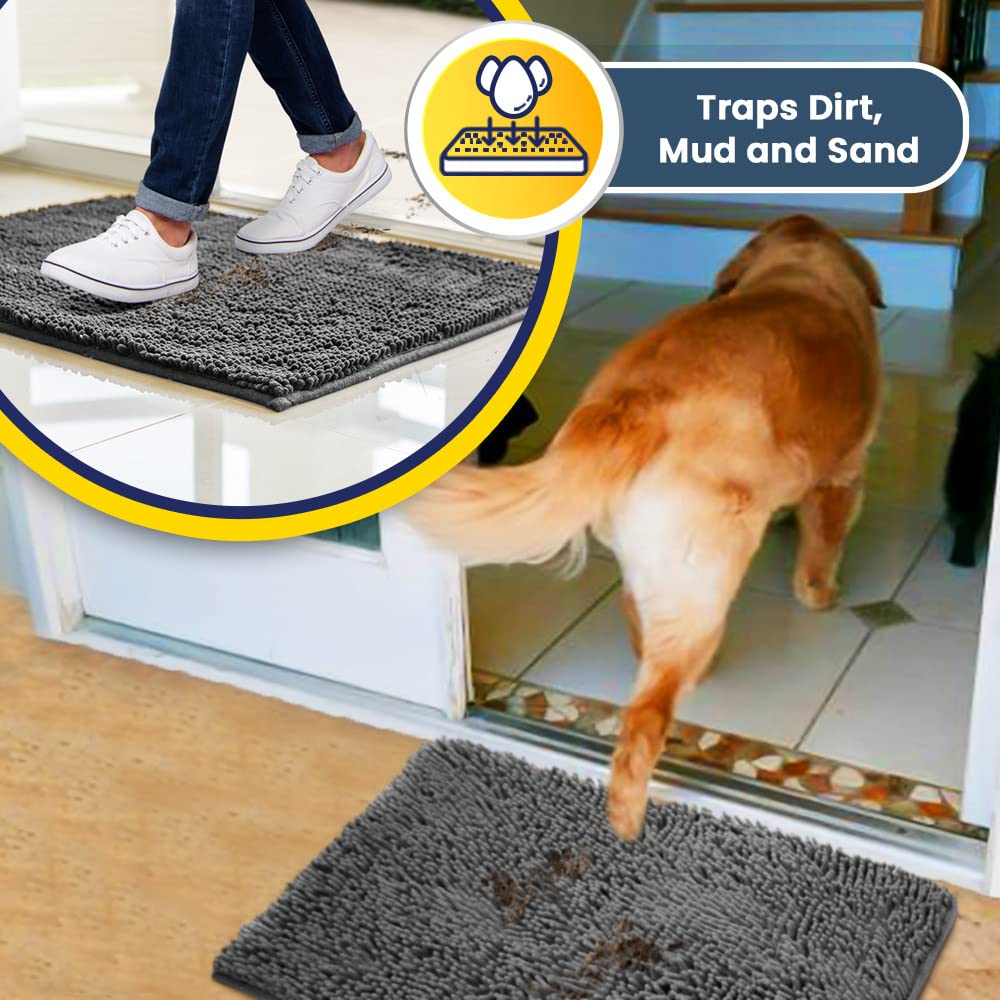 Muddy Mat® Super Absorbent Microfiber Dog Door Mat – Non-Slip, Quick-Dry Chenille Rug for Muddy Paws – Washable Indoor/Outdoor Pet Carpet, Grey 30"x19"
