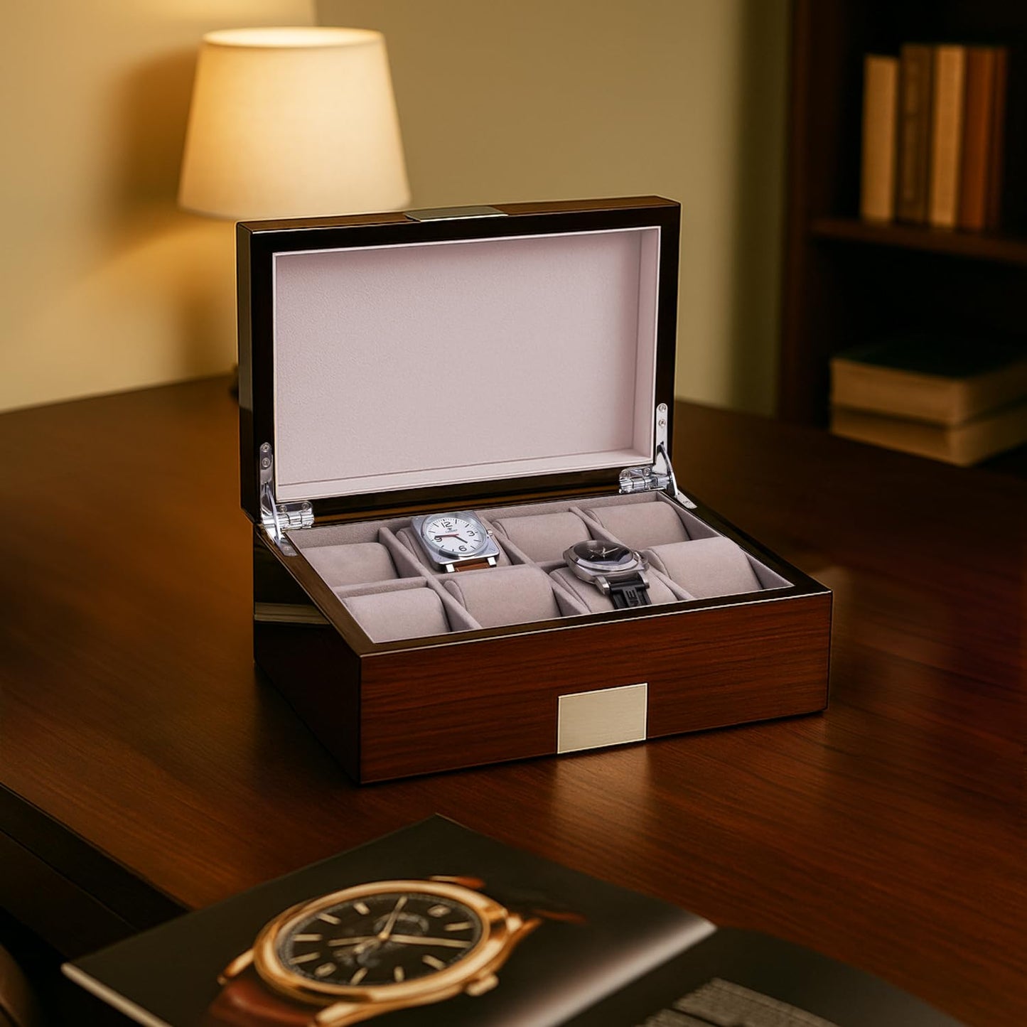 Bey-Berk Lacquered Walnut 8-Slot Watch Box, Solid Wood Watch Display Case with Stainless Steel Accents, Soft Velour Lining and Magnetic Closure…