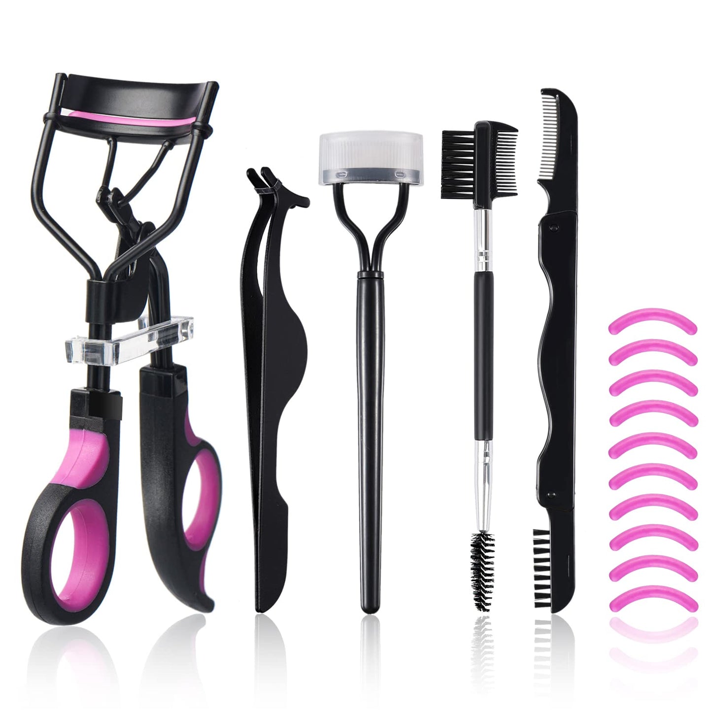 Eyelash Curlers Kit for Women w Lash Curler, Eyelash Comb Seperator, 3 in1 Mascara Brushes, Eyelash Extension Tweezers, Foldable Eyebrow Brush