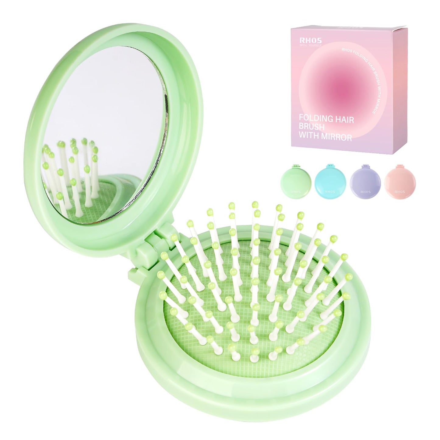 RHOS Folding Brush with Mirror - Compact, Portable and Foldable for Travel, Suitable for Women, Men, and Kids (Green) Beauty and Personal Care RHOS Default Title
