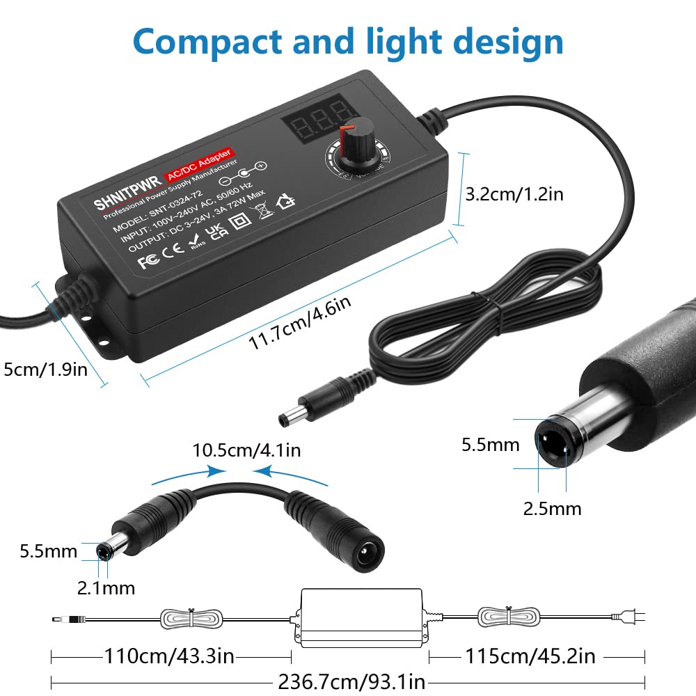 SHNITPWR 72W Adjustable Power Supply – 3V-24V 3A Universal AC/DC Adapter 100-240V to DC Converter with 14 Tips for Multiple Devices