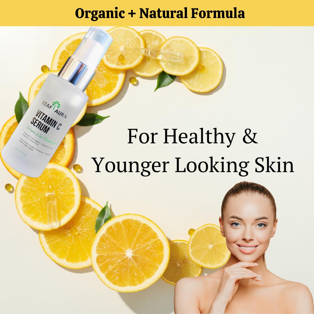 Leaf Aura Vitamin C Serum, Sulphate-Free, Organic+ Natural Formula, Brightens Uneven Skin, Made In Canada, 29.5ml