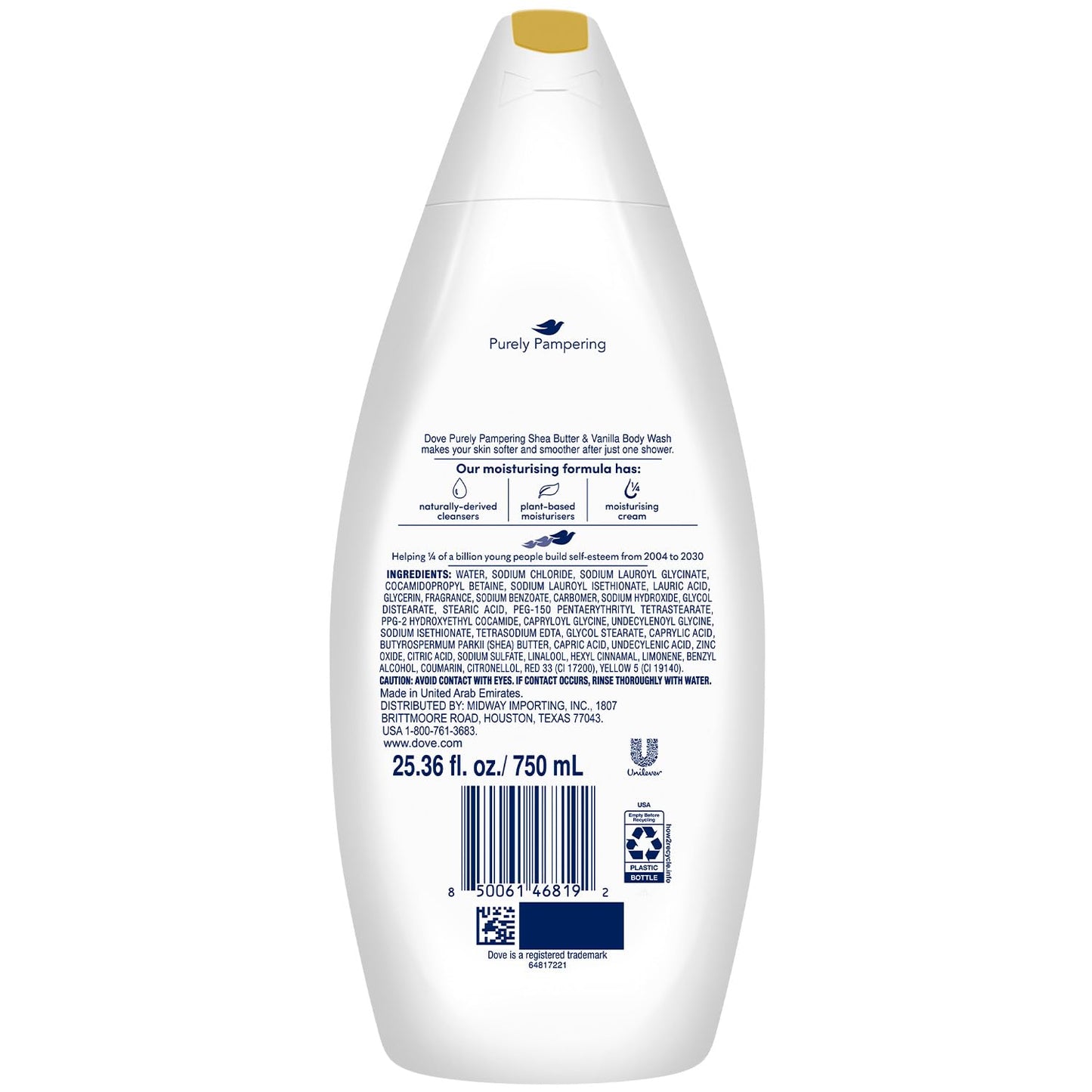 Dove Body Wash 6-Pack - Purely Pampering, Shea Butter & Warm Vanilla for Softer, Smoother Skin, 25.36 Fl Oz Ea