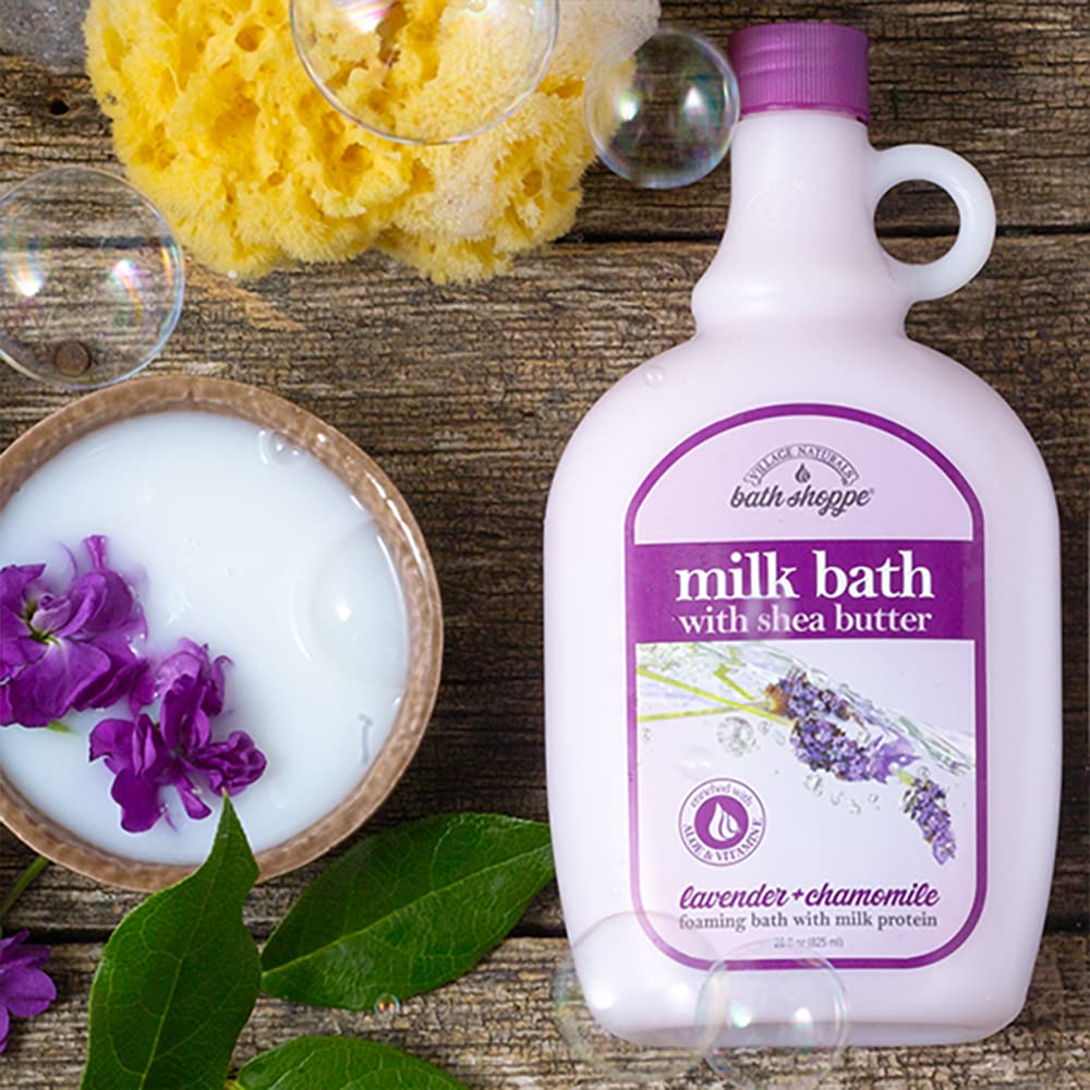 Village Naturals Bath Shoppe Moisturizing Lavender Chamomile Milk Bath - Hydrates Skin - Made with Shea Butter and Vitamin E (Pack of 2 Bottles, 28 fl