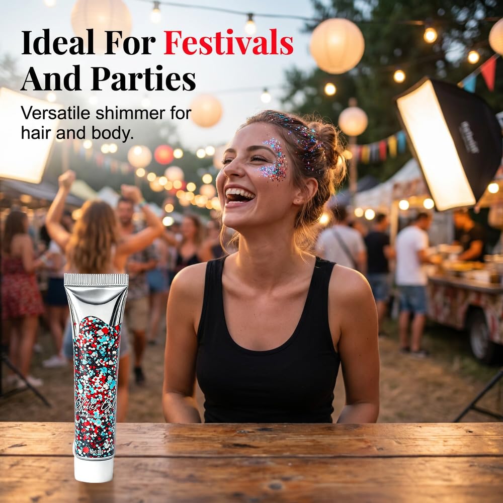 3PC Waterproof Red White Blue Hair Glitter Stick for Patriotic Celebrations &Game Days, 4th of July Glitter Stick, Sparkling Face&Body Makeup