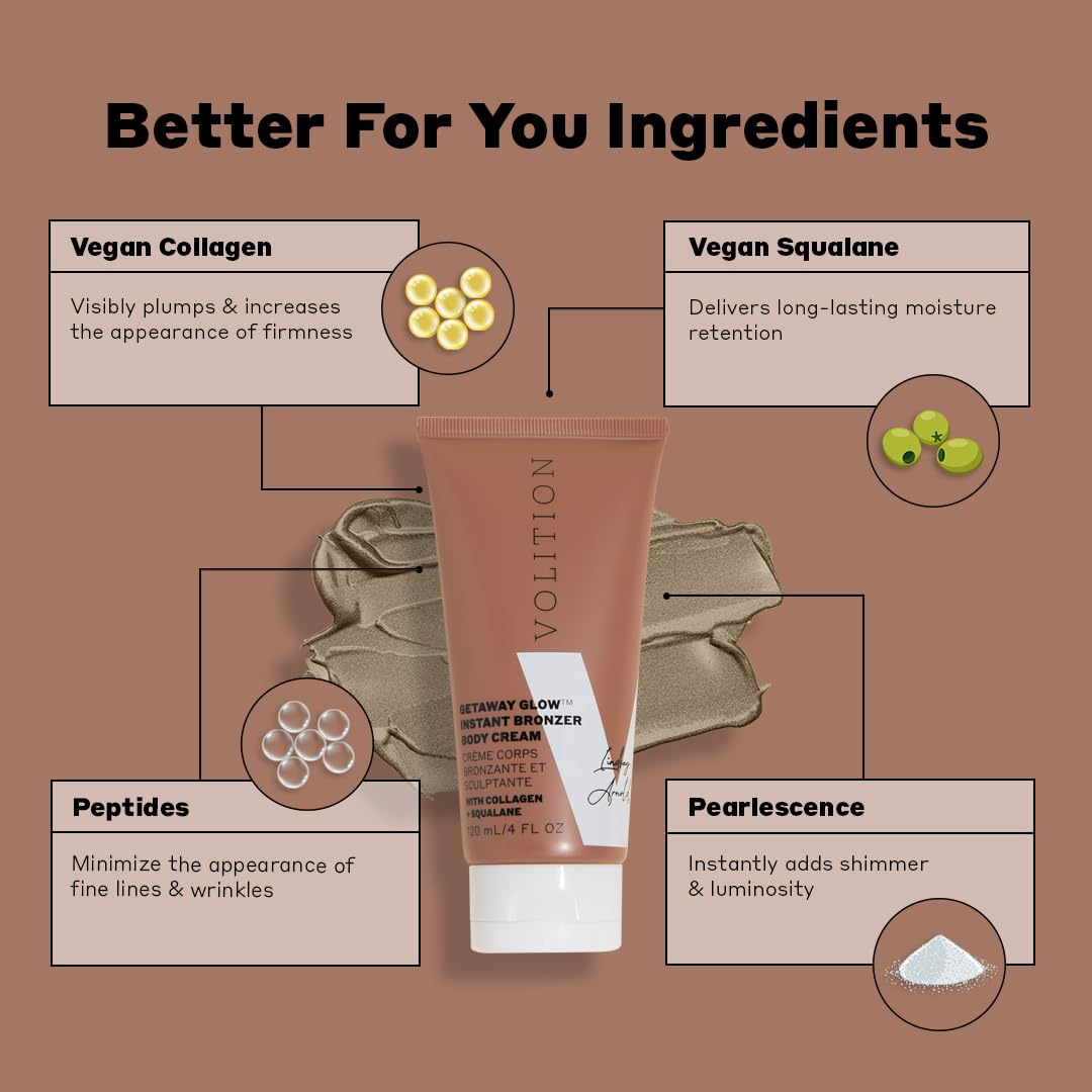 Volition Beauty Getaway Glow Instant Bronzer Sculpting Body Cream with Vegan Collagen + Squalane | Instant Shimmer & Luminizing Effect | Visibly