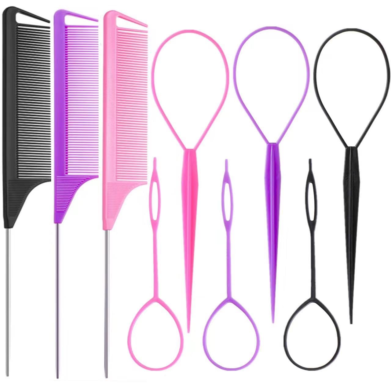 Luumxai 9pcs Topsy Hair Tail Tool and rat tail comb set,6pcs French Braiding Tool ring,3Pcs Metal Parting Combs,Woman Girl Hair Styling (Pink,Purple Beauty and Personal Care Luumxai Default Title