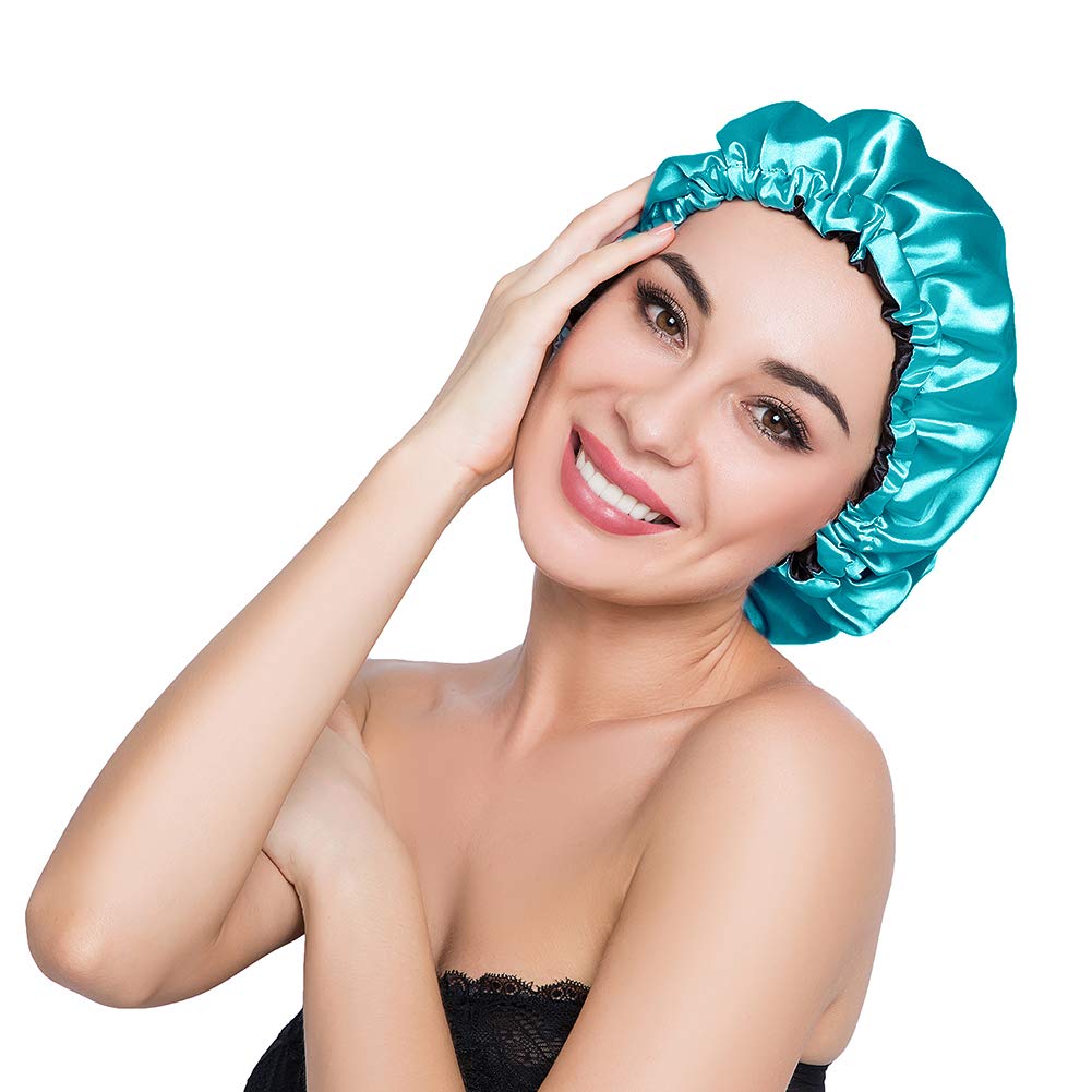 ELIHAIR Stain Bonnet Silky Sleep Cap Adjustable Satin Cap for Night Sleeping Hair Bonnet Reversible Double Layer Peacock Blue/Black