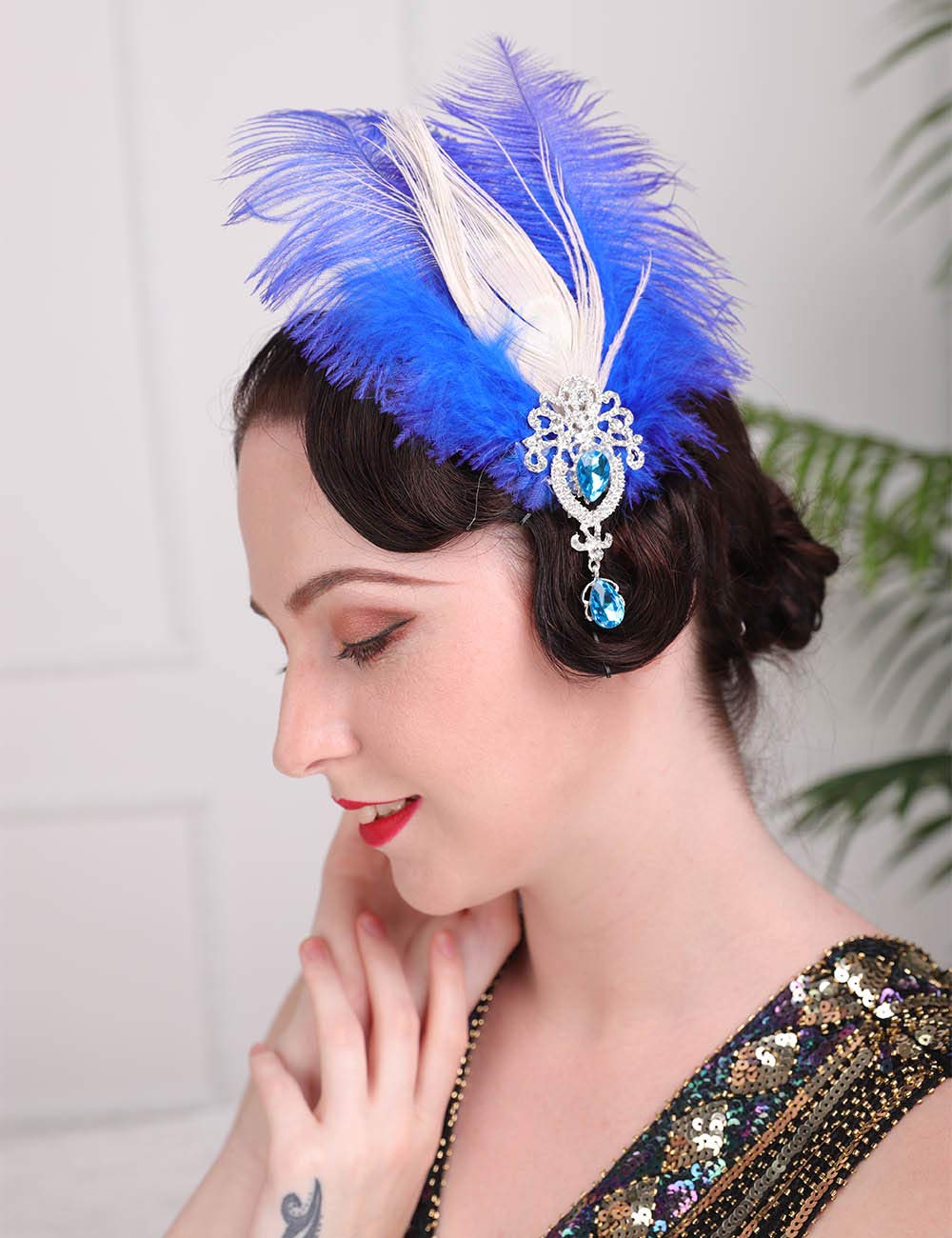 Aimimier 1920s Flapper Feather Hair Clip Blue Crystal Teardrop Feather Headpiece Prom Party Roaring 20s Hair Jewelry for Women and Girls (Style 2)