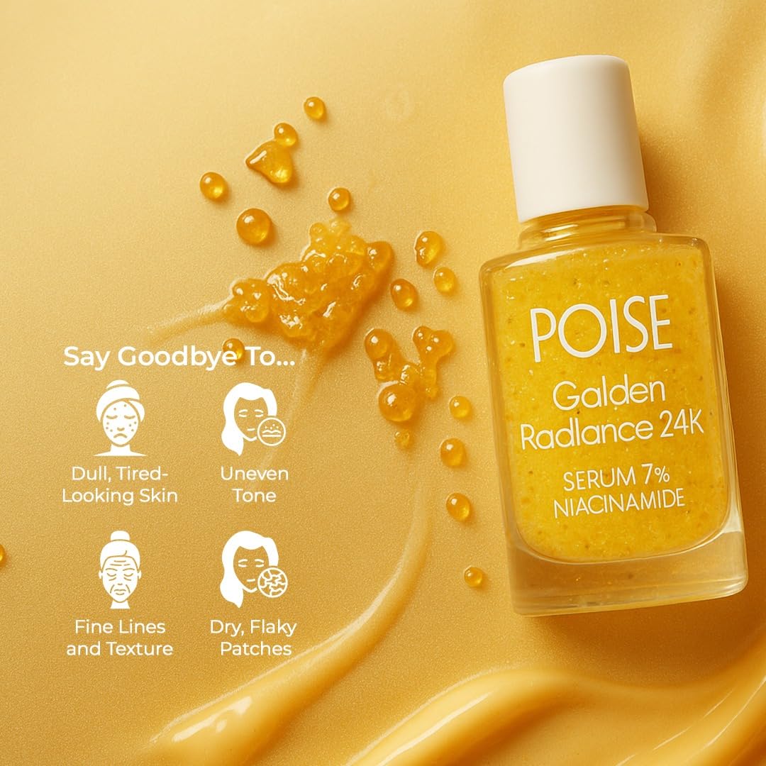 POISE COSMETICS 24K Golden Radiance Serum, Niacinamide and Vitamin C Serum for Vibrancy and Hydration, Helps Even Skin Tone for a Youthful Glow (0.5