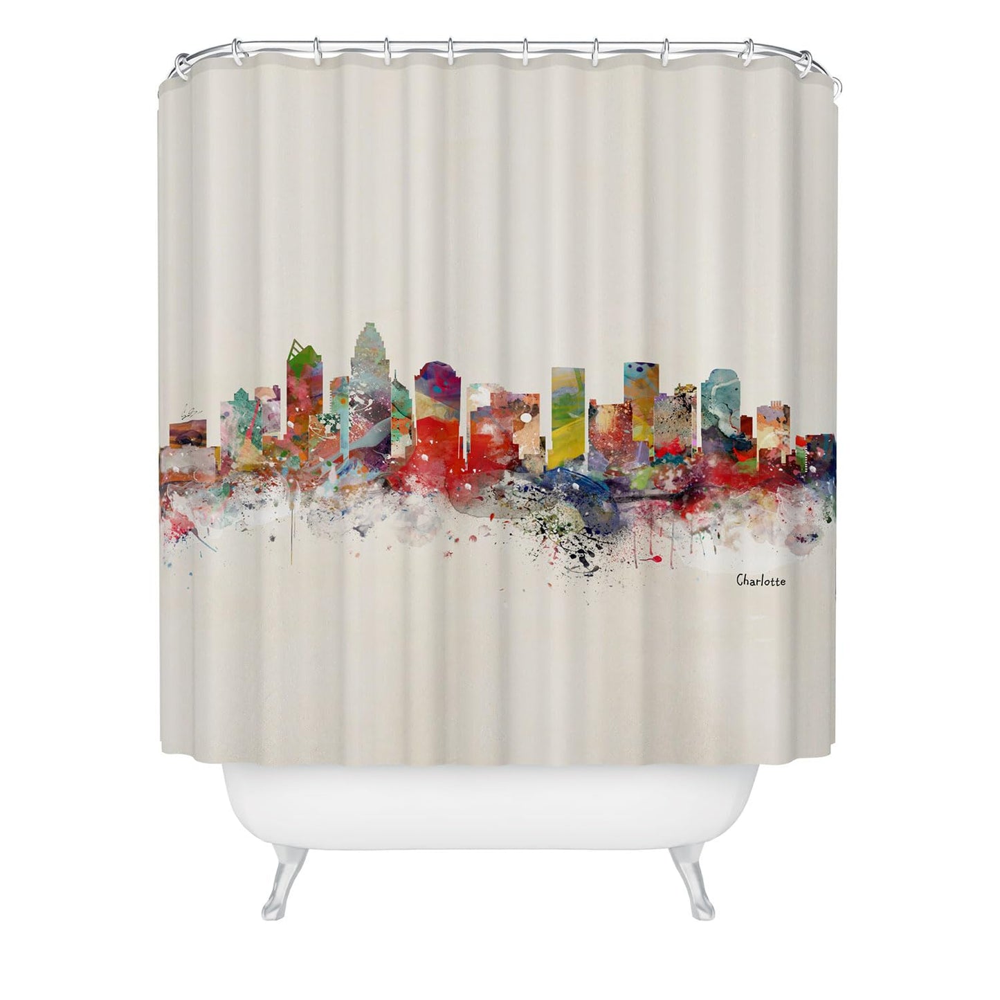 Society6 Shower Curtain - Bathroom Decor by Bri Buckley - Extra Long Fabric Shower Curtains for Bathroom, 72" x 69", Charlotte City Skyline